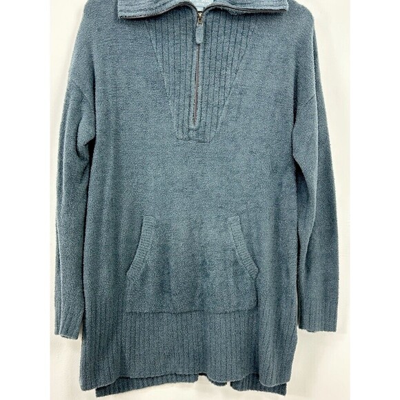 Barefoot Dreams Cozy Chic Lite L Sweater Blue Zip Mock Neck Tunic Top Pocket R - Picture 3 of 12